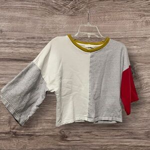 All : row color block stripes crop top retro wide sleeve
